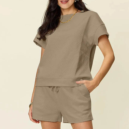Double Take Full Size Texture Short Sleeve T-Shirt and Drawstring Shorts Set - MimiStylez