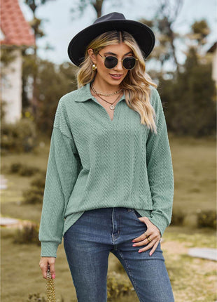 Collared Neck Cable-Knit Long Sleeve Blouse - MimiStylez