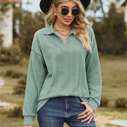 Collared Neck Cable-Knit Long Sleeve Blouse - MimiStylez