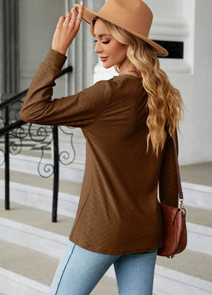 Notched Neck Long Sleeve Buttoned Blouse - MimiStylez