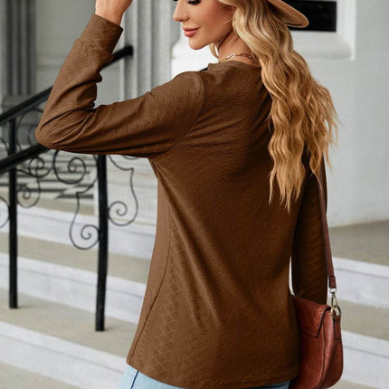 Notched Neck Long Sleeve Buttoned Blouse - MimiStylez