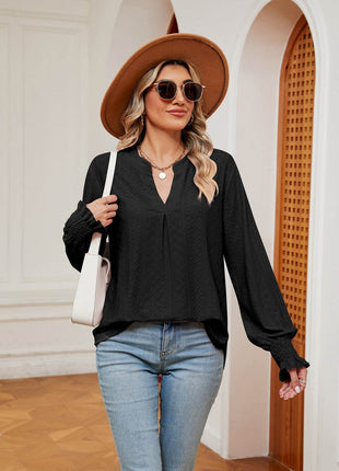 Notched Neck Flounce Sleeve Blouse - MimiStylez