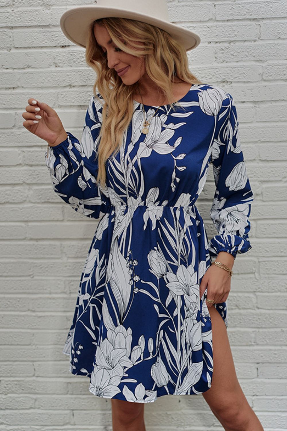 Floral Round Neck Balloon Sleeve Mini Dress