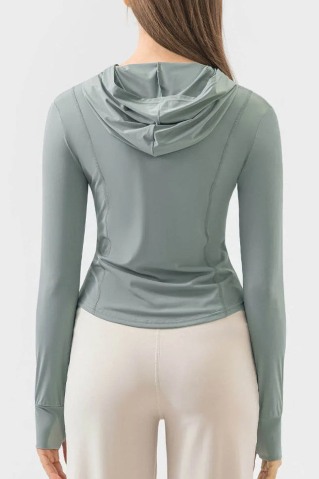 Pocketed Zip Up Hooded Long Sleeve Active Outerwear - MimiStylez