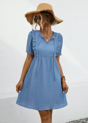 Tie Neck Short Sleeve Mini Dress - MimiStylez