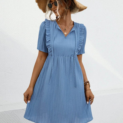 Tie Neck Short Sleeve Mini Dress - MimiStylez