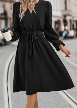 Tie Waist Notched Neck Long Sleeve Dress - MimiStylez