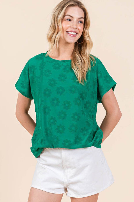 BOMBOM Textured Floral Pattern Short Sleeve T-Shirt - MimiStylez