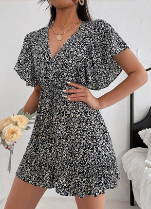 Cutout Ditsy Floral Surplice Flounce Sleeve Dress - MimiStylez