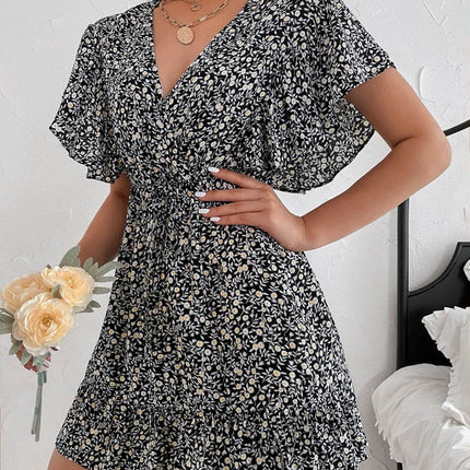Cutout Ditsy Floral Surplice Flounce Sleeve Dress - MimiStylez