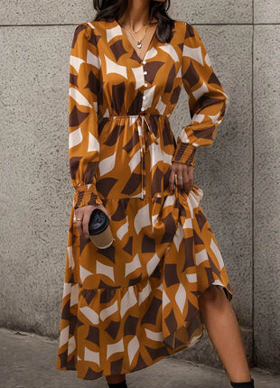 Perfee Printed Tied Pocketed Lantern Sleeve Dress - MimiStylez