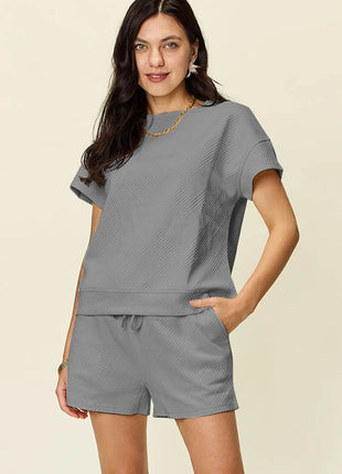 Double Take Full Size Texture Short Sleeve T-Shirt and Drawstring Shorts Set - MimiStylez