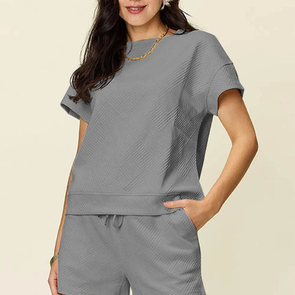 Double Take Full Size Texture Short Sleeve T-Shirt and Drawstring Shorts Set - MimiStylez