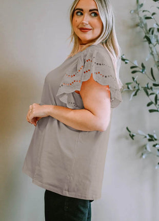 Plus Size Eyelet Round Neck Short Sleeve Blouse - MimiStylez
