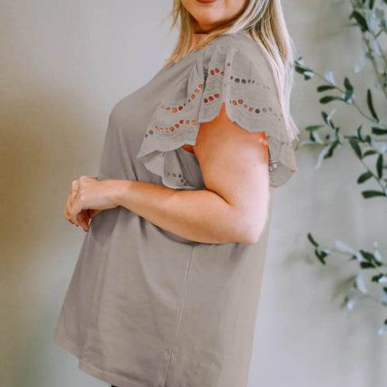 Plus Size Eyelet Round Neck Short Sleeve Blouse - MimiStylez