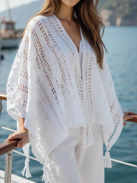Openwork Tassel Open Front Knit Cover Up - MimiStylez