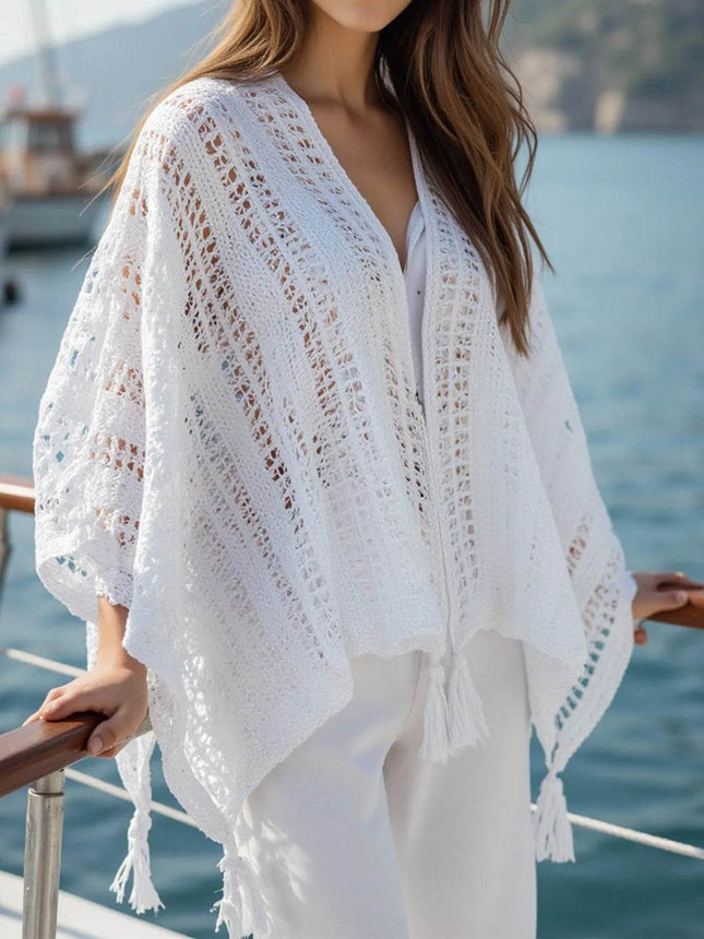 Openwork Tassel Open Front Knit Cover Up - MimiStylez