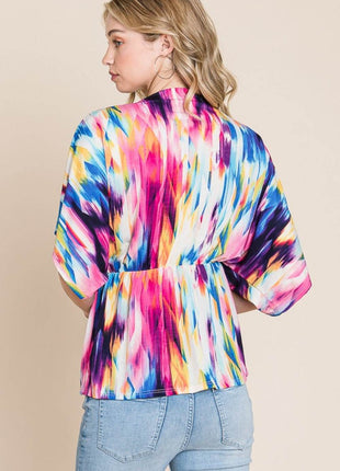 BOMBOM Printed Surplice Peplum Blouse - MimiStylez