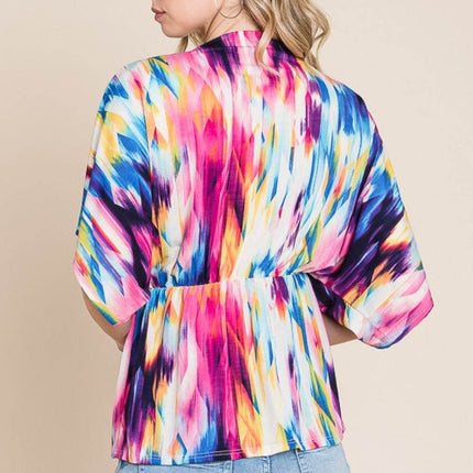 BOMBOM Printed Surplice Peplum Blouse - MimiStylez