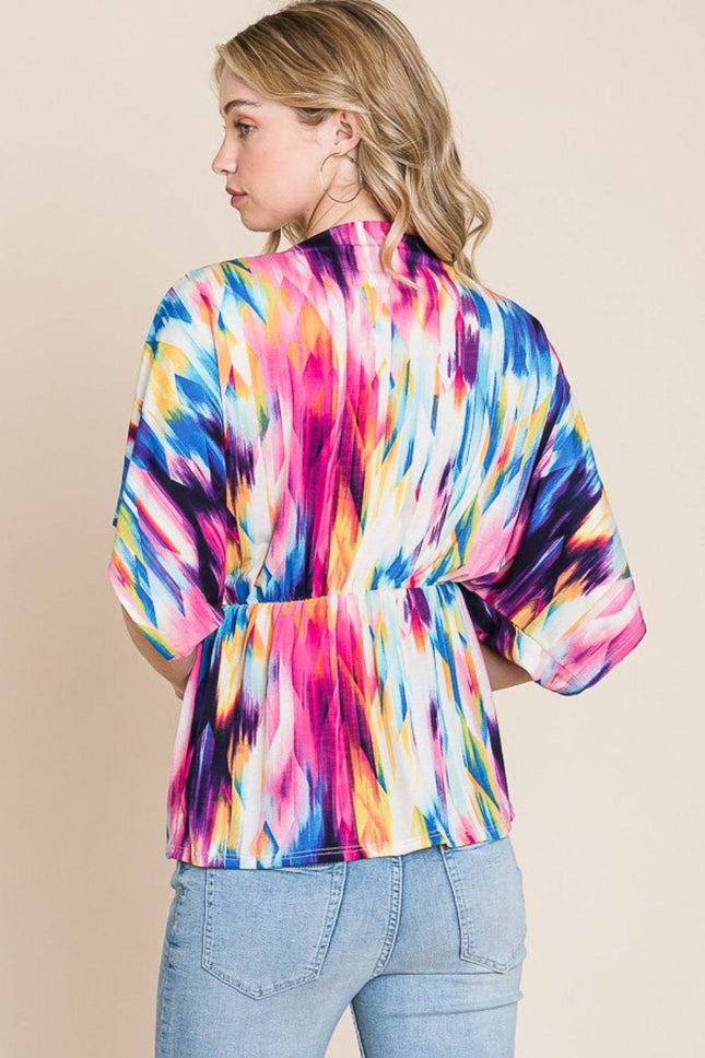 BOMBOM Printed Surplice Peplum Blouse - MimiStylez