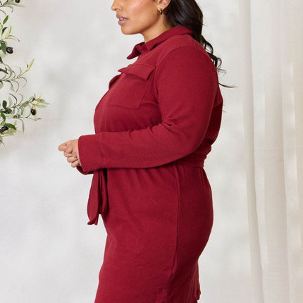 Culture Code Full Size Tie Front Half Zip Long Sleeve Shirt Dress - MimiStylez