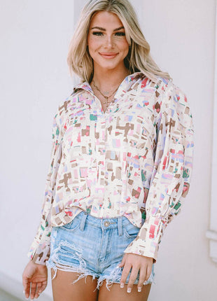 Printed Collared Neck Long Sleeve Shirt - MimiStylez