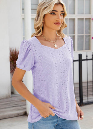 Eyelet Puff Sleeve T-Shirt - MimiStylez