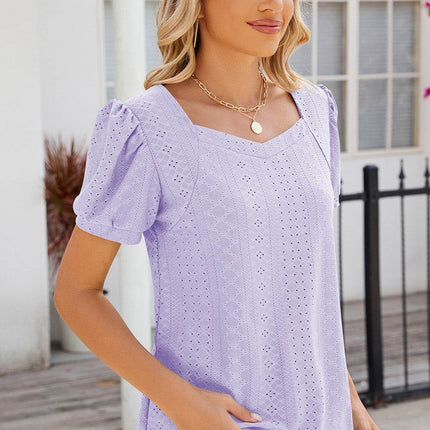 Eyelet Puff Sleeve T-Shirt - MimiStylez