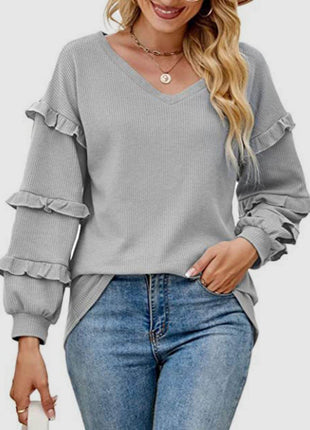 Ruffled V-Neck Long Sleeve T-Shirt - MimiStylez