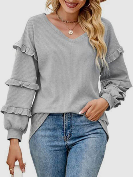 Ruffled V-Neck Long Sleeve T-Shirt - MimiStylez