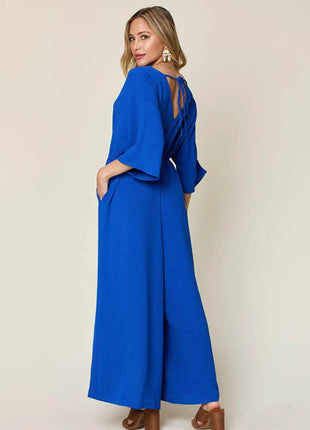 Double Take Full Size Surplice Wide Leg Jumpsuit with Pockets - MimiStylez