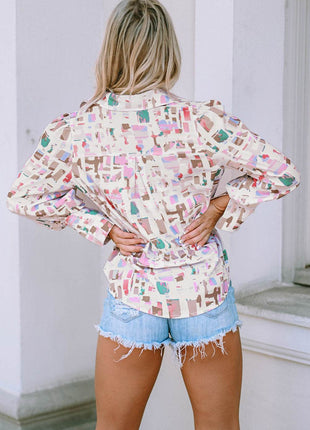 Printed Collared Neck Long Sleeve Shirt - MimiStylez