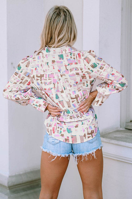 Printed Collared Neck Long Sleeve Shirt - MimiStylez