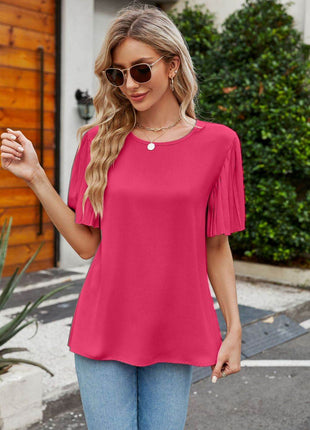 Pleated Flutter Sleeve Round Neck Blouse - MimiStylez