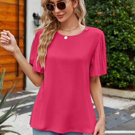 Pleated Flutter Sleeve Round Neck Blouse - MimiStylez