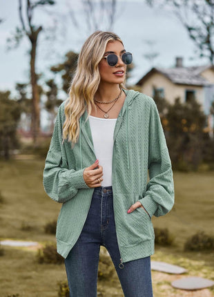 Zip Up Drawstring Long Sleeve Hooded Jacket - MimiStylez