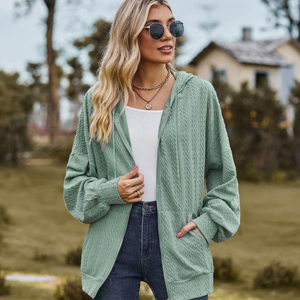 Zip Up Drawstring Long Sleeve Hooded Jacket - MimiStylez