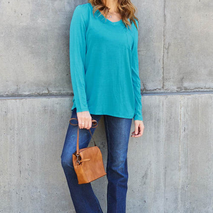 Basic Bae Full Size V-Neck Long Sleeve Top - MimiStylez