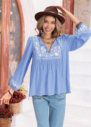 Floral Tie Neck Balloon Sleeve Blouse - MimiStylez