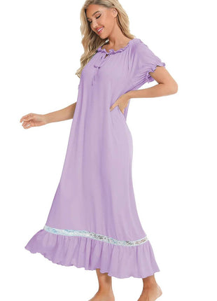 Lace Detail Short Sleeve Lounge Dress - MimiStylez