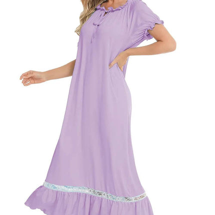 Lace Detail Short Sleeve Lounge Dress - MimiStylez