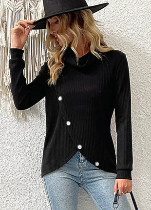 Decorative Button Turtleneck Long Sleeve T-Shirt - MimiStylez