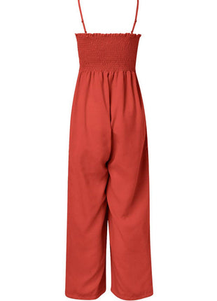 Smocked Spaghetti Strap Wide Leg Jumpsuit - MimiStylez