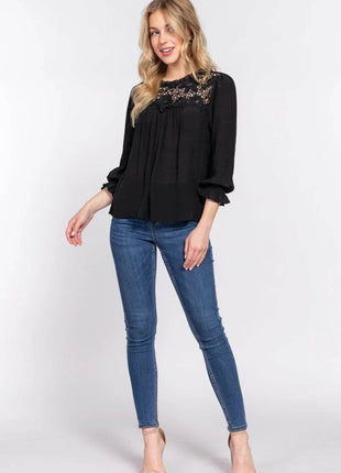 ACTIVE BASIC Crochet Lace Panel Flounce Sleeve Blouse - MimiStylez