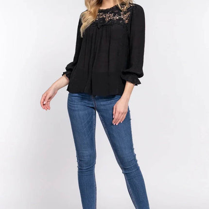 ACTIVE BASIC Crochet Lace Panel Flounce Sleeve Blouse - MimiStylez