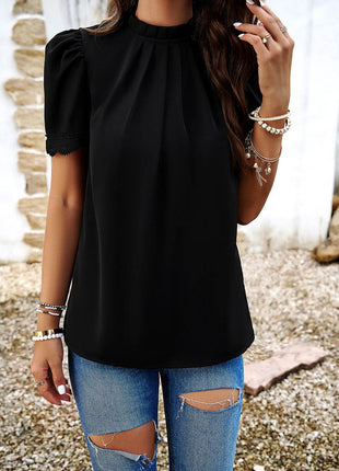 Ruched Mock Neck Short Sleeve Blouse - MimiStylez