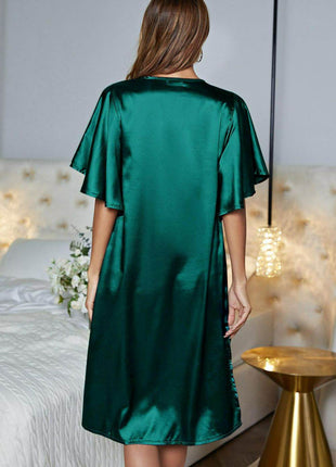 Satin Flutter Sleeve Side Slit V-Neck Night Dress - MimiStylez
