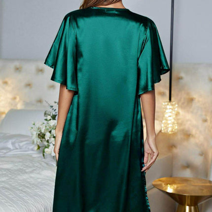 Satin Flutter Sleeve Side Slit V-Neck Night Dress - MimiStylez