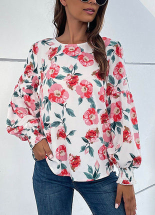 Floral Long Puff Sleeve Round Neck Blouse - MimiStylez