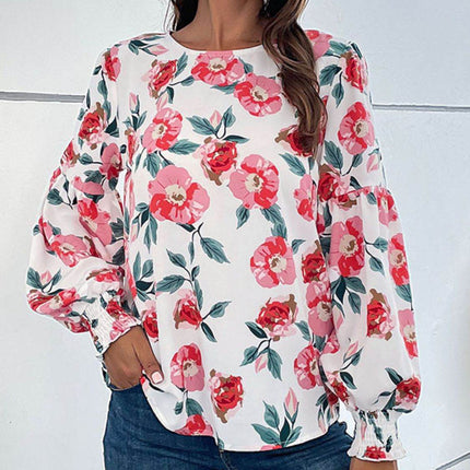 Floral Long Puff Sleeve Round Neck Blouse - MimiStylez